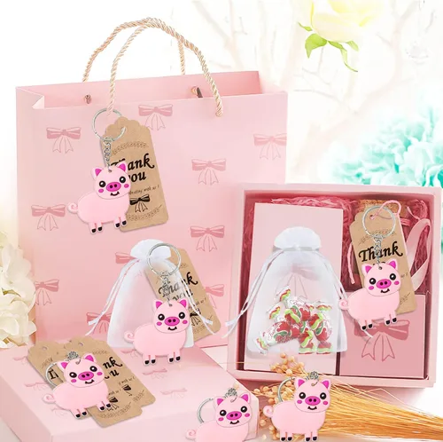 Miniatura 2 de Paquete de 60 recuerdos de fiesta de animales con 20 llaveros de cerdo, 20 etiquetas, 20 bolsas para amantes de los animales de granja, baby shower