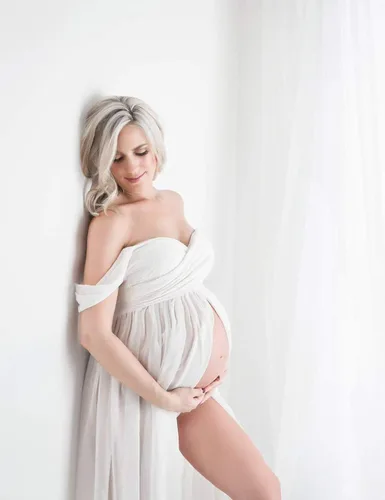 Miniatura 3 de JustVH Vestidos de maternidad para sesión de fotos hombros descubiertos vestido de encaje de gasa vestido largo con abertura frontal vestidos