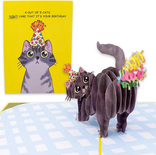 Dirty Pop Cards, Tarjeta emergente de cumpleaños perfecta para gatitos, tarjeta de cumpleaños 3D con diseño gracioso de gato arrojándose confeti,