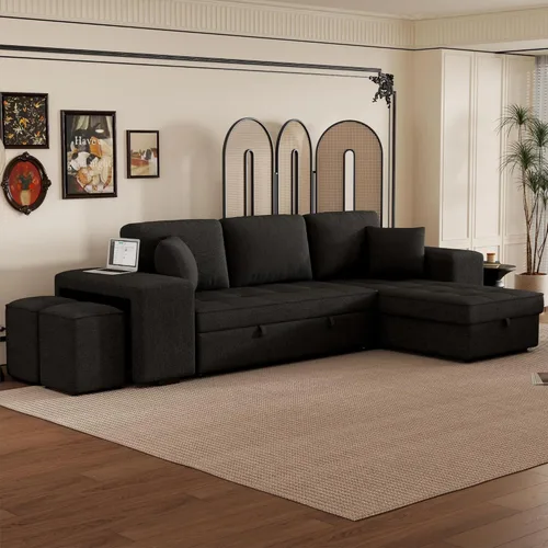 Sofá cama modular reversible de 104.5 pulgadas con cama extraíble, sofá modular convertible en forma de L con diván de almacenamiento y 2 taburetes,