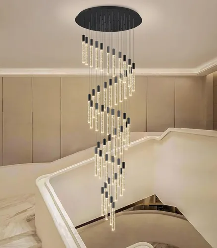 Miniatura 29 de HAIXIANG Candelabro de techo alto de 118 pulgadas, colgantes lineales de cristal, regulables remotos, techos inclinados compatibles, negro mate