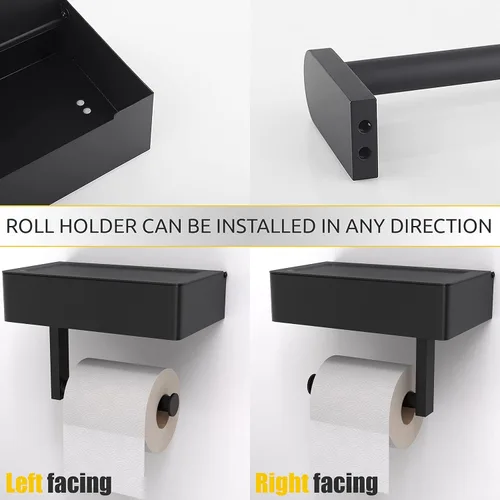 Miniatura 5 de Soporte de papel higiénico autoadhesivo de pared con estante y almacenamiento para toallitas – Soporte de papel higiénico negro mate de acero