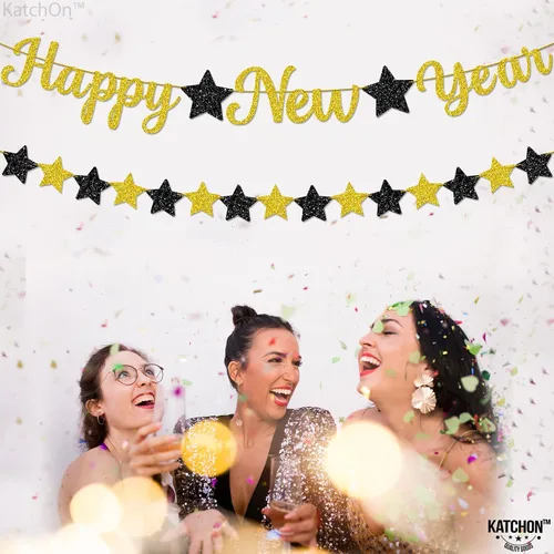 Miniatura 9 de KatchOn, Cartel de Feliz Año Nuevo pre-encordado – 10 pies, NO DIY, decoraciones doradas de la víspera de feliz Cartel de decoración de fiesta