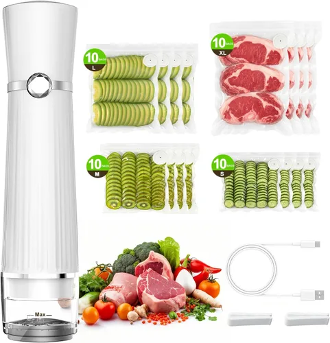 Sellador al vacío para alimentos (máquina compacta selladora al vacío + 40 bolsas de vacío reutilizables), ahorrador de alimentos al vacío de mano