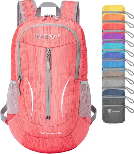 ZOMAKE Mochila plegable ultraligera de 25 litros, mochilas de senderismo plegables resistentes al agua, mochila plegable pequeña para viajes (rojo)
