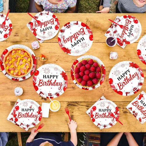Miniatura 7 de 96 piezas de decoraciones de fiesta de cumpleaños rojo y blanco con platos y servilletas de feliz cumpleaños, juegos de vajilla de globos