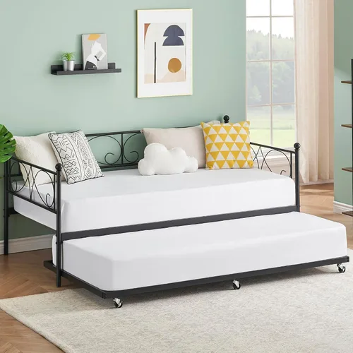 GAOMON Cama de día individual con nido, sofá cama de metal con marco de cama nido extraíble, sofá cama con soporte de listones de acero para niños,
