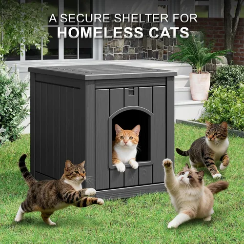 Miniatura 3 de Casa para gatos al aire libre resistente a la intemperie, casa de plástico para gatos exterior impermeable con puerta frontal abierta, refugio