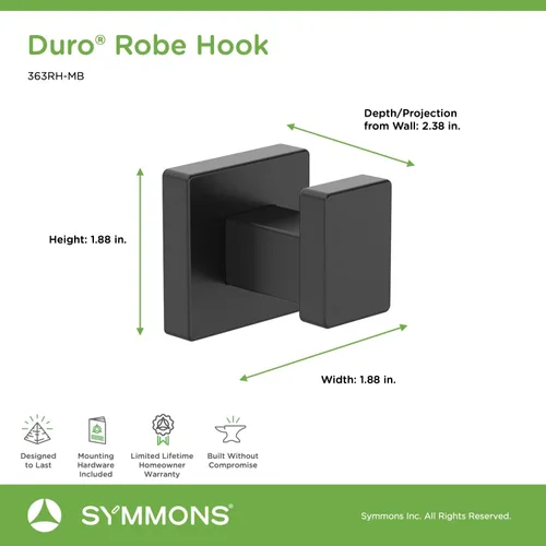 Miniatura 5 de Symmons 363RH-MB Duro - Gancho para bata montado en la pared, color negro mate Mate negro