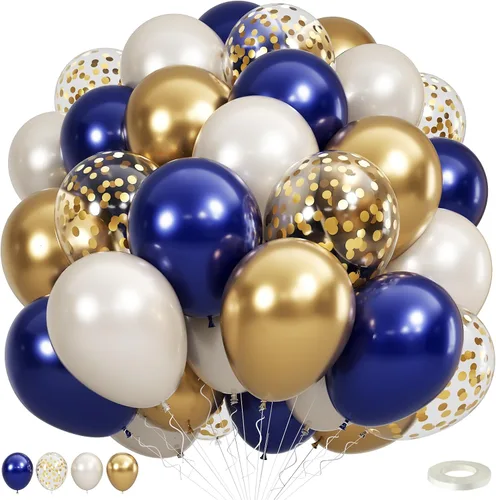 Globos azul marino y dorados, 50 piezas de globos de confeti azul marino perla doble relleno blanco arena metálico cromado dorado de 12 pulgadas
