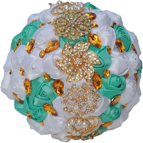 Miniatura 20 de Ramo de novia de 8 pulgadas con rosas de satén de 8 pulgadas con broches de cristal dorado hecho a medida, arreglo de centro de mesa, ramo azul real