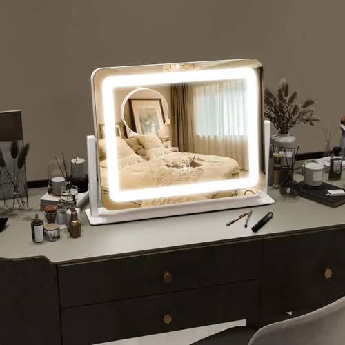 Miniatura 2 de ROLOVE Espejo de tocador con luces de 15 x 12 pulgadas, espejo de maquillaje iluminado con aumento de 10X, iluminación de 3 colores y brillo