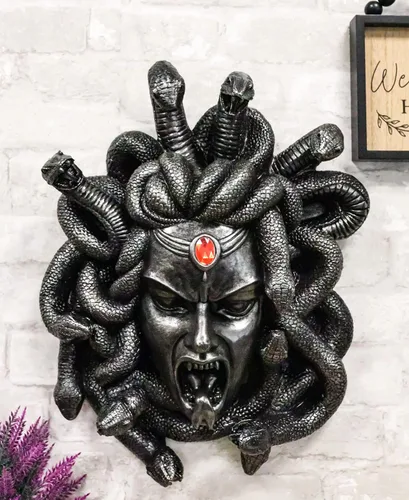 Miniatura 2 de Ebros Mitología griega Gorgona Diosa Medusa Cabeza con pelo de serpientes y frasco rojo de gema de sangre Decoración de pared Estatua de 16 pulgadas