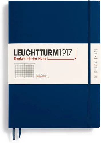 LEUCHTTURM1917 - Cuaderno de tapa dura clásico maestro A4+ - 235 páginas numeradas para escritura y diario (Azul marino, cuadriculado)