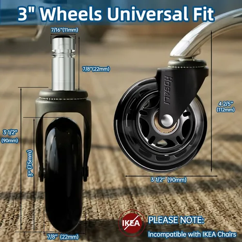 Miniatura 3 de HOSALI Ruedas para silla de oficina, rueda de repuesto de goma de 3 pulgadas para escritorio, ruedas de silla de juego seguras para pisos de madera
