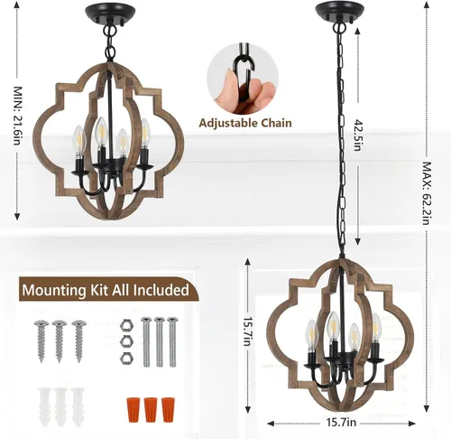 Miniatura 3 de Lámparas de araña de granja, lámparas de 4 luces para comedor sobre la mesa, lámparas de araña de madera maciza para comedor, lámparas rústicas