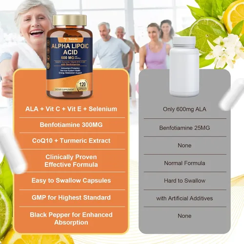 Miniatura 3 de Ácido Alfa Lipoico 600mg con Benfotiamina 300mg - Suplemento ALA para Apoyo de Neuropatía, Salud Nerviosa y Antioxidante, Energía Celular