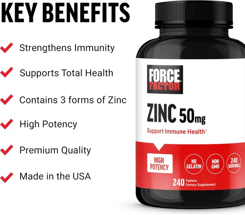 Miniatura 2 de Force Factor Zinc 50mg, suplementos de zinc con polvo de óxido de zinc, gluconato de zinc y citrato de zinc para apoyo inmunológico y salud