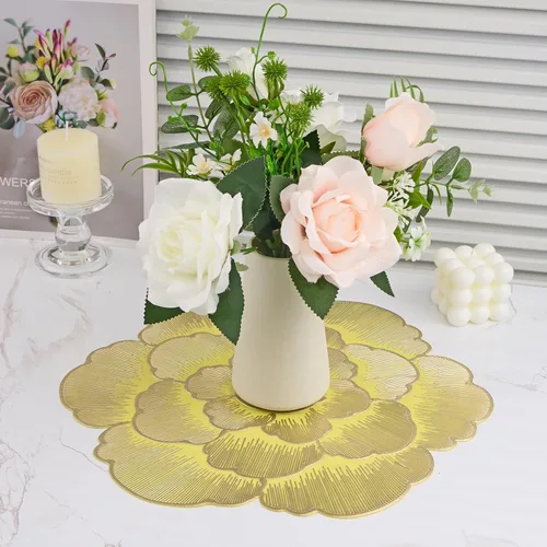 Miniatura 3 de Paquete de 6 manteles individuales redondos con diseño floral dorado y amarillo, manteles individuales de vinilo para mesa de comedor, lavables