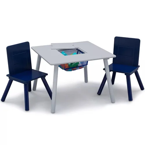 Delta Children Juego de mesa y silla para niños con almacenamiento (2 sillas incluidas), gris/azul