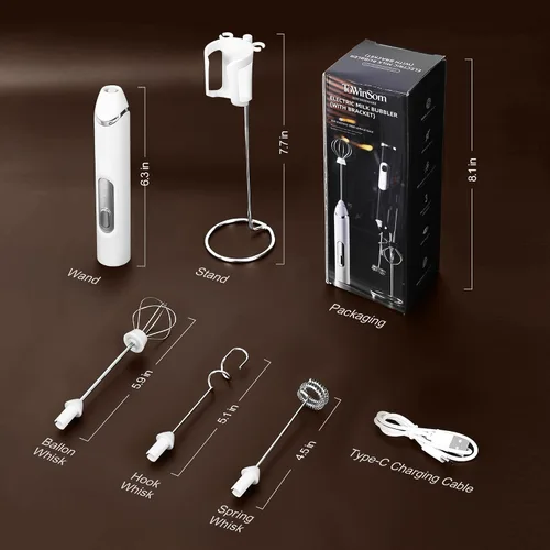 Miniatura 7 de Espumador de leche de mano con soporte, varita espumadora de café recargable con 3 cabezales desmontables de acero inoxidable, mezclador eléctrico