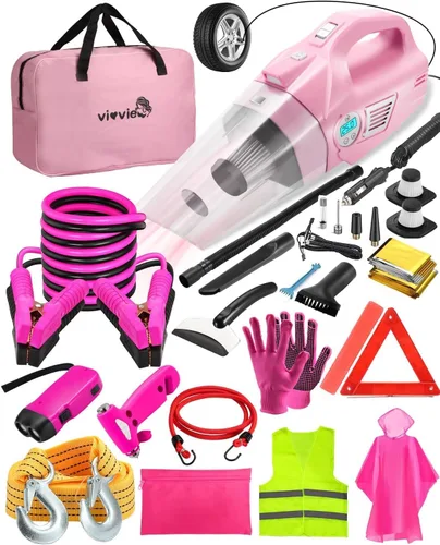 Kit de emergencia en carretera para vehículos, con aspiradora de coche inflable 4 en 1, cables de puente rosa, kit de primeros auxilios, cuerda de