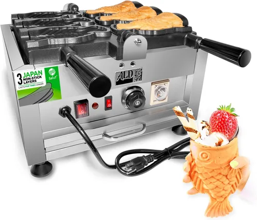 Comercial Eléctrico Japón Boca Abierta Pescado Waffle Hierro Helado Máquina Taiyaki Maker Máquina y dispensador de masa y cuchara de relleno