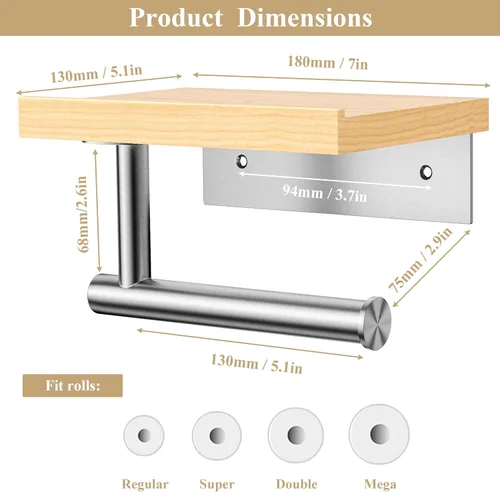 Miniatura 3 de Tindbea Soporte de papel higiénico con estante de madera, soporte de rollo de papel de seda de madera para montaje en pared, níquel cepillado