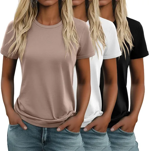 Miniatura 11 de Huukeay Paquete de 3 camisetas de algodón para mujer, estilo casual, de manga corta, cuello redondo, ajuste holgado, básica, lisa