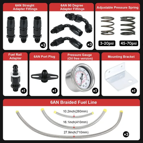 Miniatura 4 de Kit regulador de presión de combustible ajustable 3-70PSI con retorno 6AN y puerto de alimentación 6AN con conectores de mangueras de línea