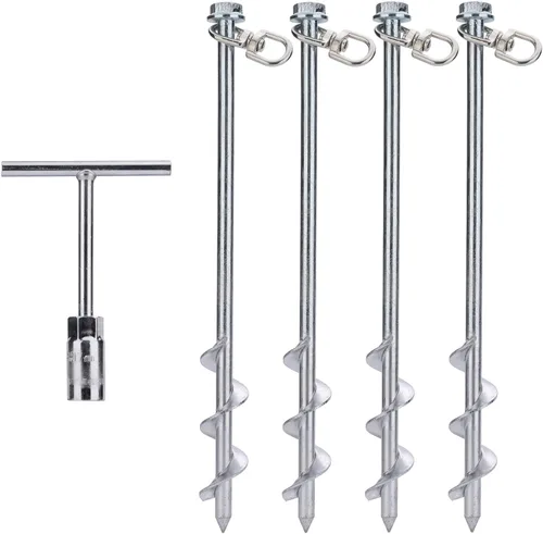 MightyPhine Anclajes de tierra de tornillo de acero, juego de 4, 12 pulgadas, plateado, metal, estacas de tienda, kit de anclaje para trampolín,