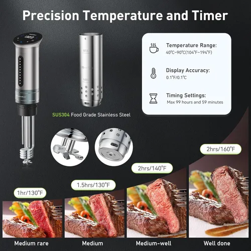 Miniatura 6 de KitchenBoss Wifi Sous Vide Cooker: Circulador de inmersión ultrasilencioso Sous Vide Control APP 1100W, IPX7 Impermeable Sous-vide Precision Cooker