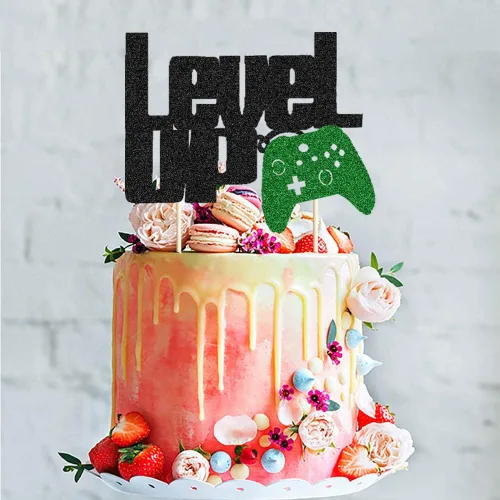 Miniatura 7 de Level Up - Decoración para tartas con purpurina negra y verde para fiesta de videojuegos, controlador de videojuegos, fanáticos de juegos, temática