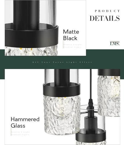 Miniatura 3 de LMS Lámparas colgantes negras de 3 luces, lámpara colgante ajustable para cocina, luces colgantes en racimo, LMS-188 Negro - Vidrio martillado