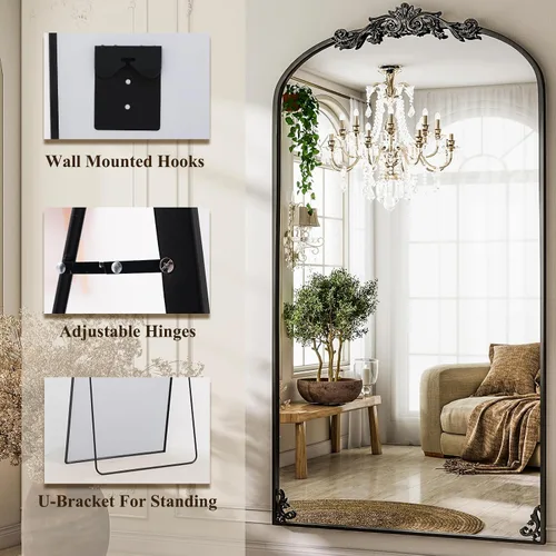 Miniatura 5 de GLSLAND Espejo Vintage - 72" x 44" Espejo de Cuerpo Completo Grande Tallado Arqueado con Marco de Metal Barroco Espejos de Cuerpo Completo para Negro