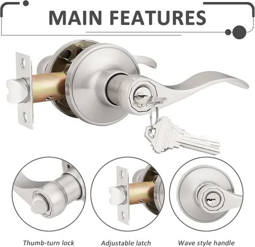 Miniatura 2 de Probrico 12061SN - Manija de puerta, juego de cerradura para puerta con llave de seguridad, para entrada, acabado niquelado satinado disponible
