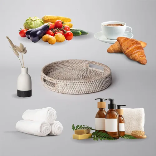 Miniatura 6 de Bandeja redonda de ratán de 12 pulgadas, moderna bandeja tejida con asas para mesa de comedor, sala de estar, decoración de patio, elegante bandeja