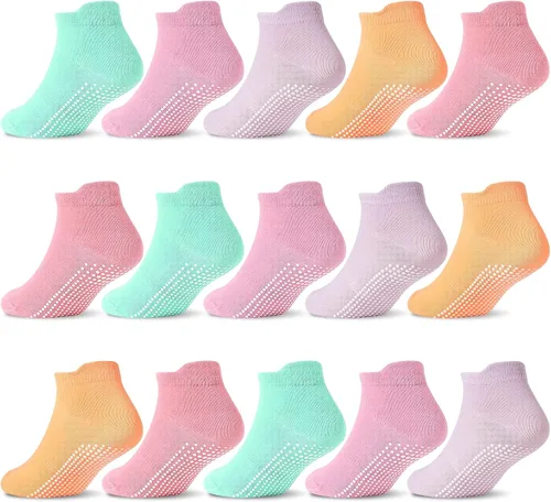 Miniatura 11 de GRPSKCOS Calcetines Antideslizantes para Niños Pequeños 15 Pares Calcetines de Agarre Antideslizantes de Corte Bajo para Niños y Niñas de 1 a 7 Años