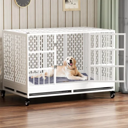 Miniatura 8 de Snuowu Jaula para perros de 48 pulgadas de servicio pesado con ruedas, jaula plegable de metal para perros grandes y medianos, jaula para perros