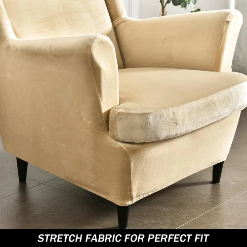 Miniatura 4 de Fundas elásticas para silla de ala, 2 piezas, fundas elásticas de terciopelo suave con parte inferior elástica para sala de estar y dormitorio Beige