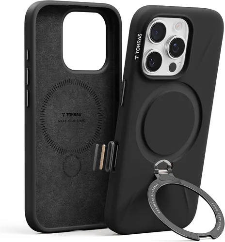 TORRAS Funda de silicona líquida para iPhone 16 Pro con anillo magnético giratorio de 360 grados y control de cámara, compatible con MagSafe, Funda