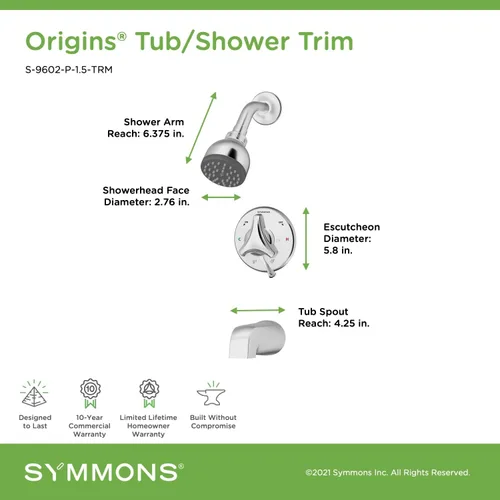 Miniatura 2 de Symmons S-9602-P-1.5-TRM Origins - Grifo para bañera y ducha con 1 pulverizador de cromo pulido, 1.5 GPM (válvula no incluida)