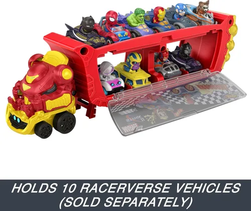 Miniatura 5 de Hot Wheels RacerVerse Marvel Hulkbuster Hauler, transporta y almacena hasta 10 vehículos de juguete, cabina desmontable con casco abatible y figura