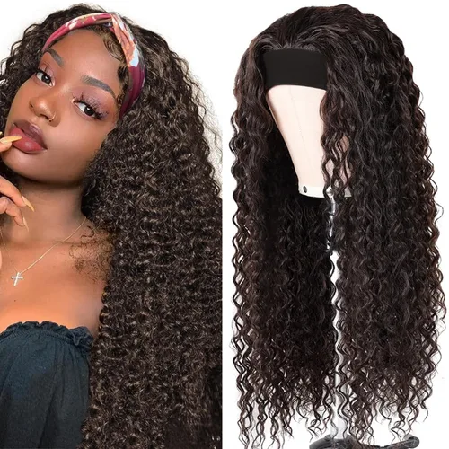 Miniatura 38 de Peluca de cabello humano con diadema de ondas profundas, sin pegamento, pelucas de cabello rizado sin encaje frontal, pelucas de cabello humano