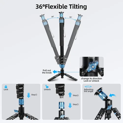 Miniatura 7 de SIRUI AM-404FL Monopod para cámara con pies, monopie de video de aluminio de 74.8 pulgadas con base extraíble, delgado y ligero, carga máxima