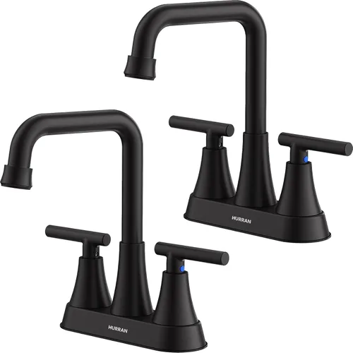 Grifo de lavabo de baño negro mate, Hurran grifos de baño de 4 pulgadas para lavabo de 3 agujeros con desagüe emergente y mangueras de suministro, 2