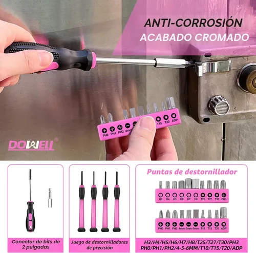 Miniatura 6 de DOWELL Juego de herramientas para el hogar de 40 piezas rosa, kit de herramientas manuales generales para el hogar con estuche de almacenamiento