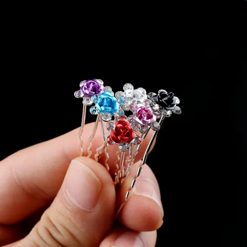 Miniatura 5 de 20pcs Rhinestone Rose Flower Hair Bobby Pin Crystal Bride Wedding Metal Clip de pelo Decoración U forma joyería accesorios, Cabello de cristal