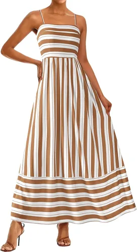 Miniatura 20 de PRETTYGARDEN Vestido largo de verano para mujer, con tirantes delgados, bohemio, floral, a rayas, para invitadas de boda, playa, vacaciones, vestido