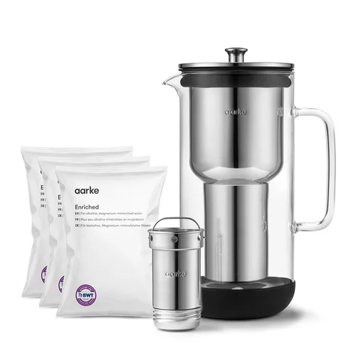 Miniatura 13 de Aarke Purificador - Jarra de filtro de agua de vidrio y acero inoxidable de alta calidad, sistema de filtro recargable y gránulos, jarra de 2.8 L